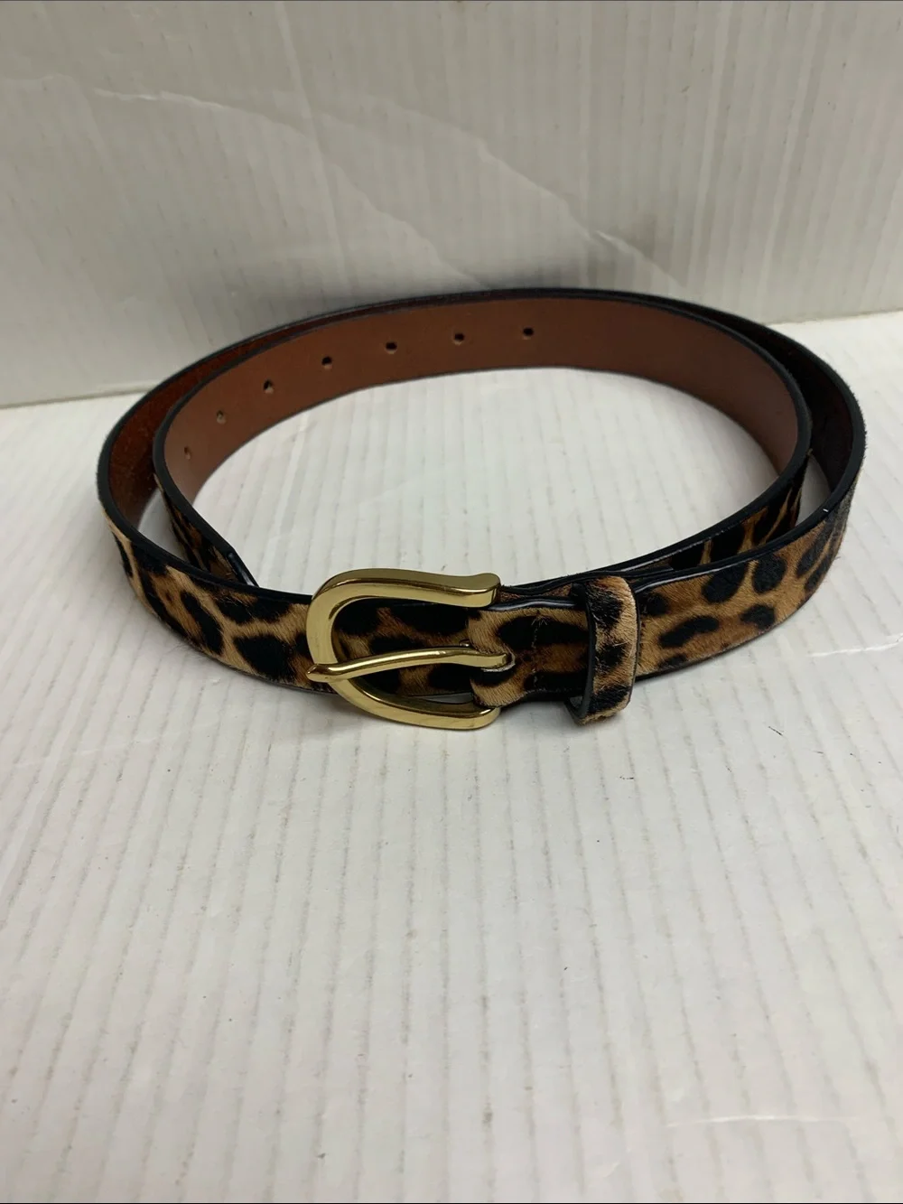 J Crew Calf Hair Belt In Leopard Print Genuine Leather Size Large Gold Buckle
